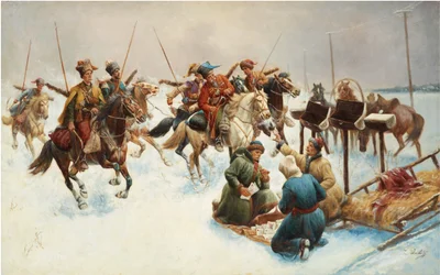 Winterlandschaft mit Kosaken (Postverteilung)