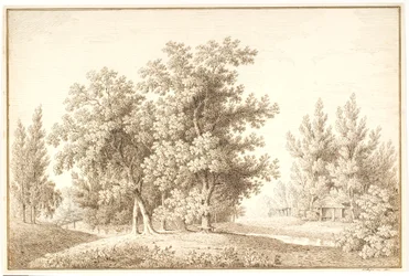 Park mit Wasserlauf und kleiner Hütte