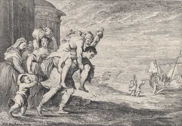 Aeneas flieht aus Troja, mit einer Gruppe von sechs Figuren, die die Stadt links verlassen, Aeneas trägt..., 1728