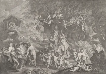 Das Fest der Venus mit Gruppen von Satyrn, Nymphen und Putti, die um eine Statue tanzen