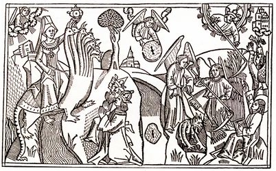 Die große Hure von Babylon reitet auf dem siebenköpfigen Tier und die Engel schneiden Weizen, während sie den Teufel gefangen halten