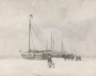 Fischerboote am Strand im Winter, Mitte bis Ende des 19. Jahrhunderts