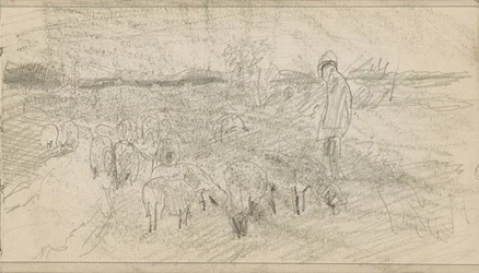 Hirte mit einer Schafherde in einer Landschaft