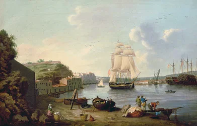 Schiff unter Segel im Hafen von Port Mahon, Menorca