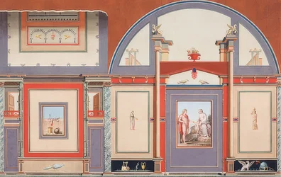 Wandgemälde eines römischen Hauses auf dem Gelände der Villa Negroni in Rom, Mars (?), Venus und Cupido. 1793
