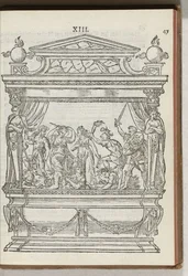 Zweite verzierte Bühne mit Szene: der Prinz vertreibt Krieg und Zwietracht, 1577