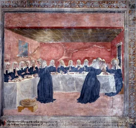 Leben der heiligen Francesca Romana: Eines Tages gab es nicht genug Brot für die Gemeinschaft, Francesca sammelte die Reste, segnete sie, und es gab genug, um die fünfzehn Verbliebenen zu ernähren