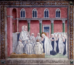 Leben der heiligen Francesca Romana: Die Heilige und die Oblaten bieten sich dem Benediktinerorden an und lassen sich in der Kirche Santa Maria Nova, Rom, nieder (Fresko)