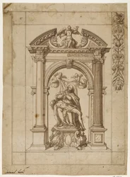 Entwurf für ein Prozessionsbanner mit einer Pietà unter einer aufwendigen Altararchitektur in Form eines Triumphbogens und Teil des Randdesigns oben rechts