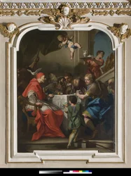 Heiliger Gregor der Große an einem Tisch mit Jesus als Pilger verkleidet, neben dem Papst die Taube des Heiligen Geistes, 1729-1731