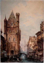 Ansicht eines Kanals in einer normannischen Stadt, Aquarell von Antonio Bernasconi (19. Jahrhundert)