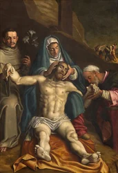 Nördliches Querschiff, Altar der Kreuzabnahme, Kreuzabnahme Christi unterstützt von der Jungfrau und den Heiligen Raimund und Antonius von Padua, Altarbild