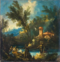 Waldige Flusslandschaft mit Figuren