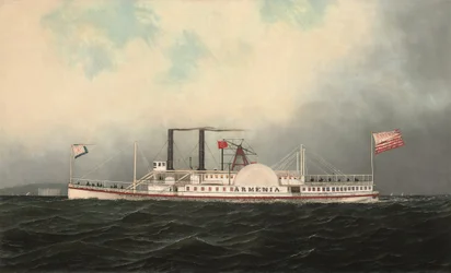 Der Hudson River Day Line Dampfer Armenia passiert Fort Lafayette, New York Harbor