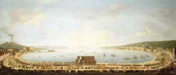 Ein Panoramablick auf die Bucht von Neapel, mit der königlichen Prozession nach Piedigrotta