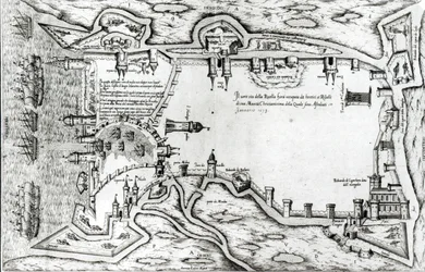 Karte, die La Rochelle zeigt, besetzt von den Hugenotten