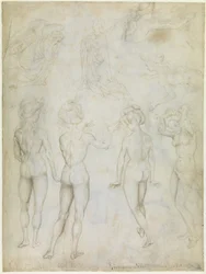 Vier Studien eines weiblichen Aktes, eine Verkündigung und zwei Studien einer schwimmenden Frau, um 1425