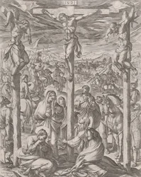 Christus gekreuzigt zwischen den beiden Dieben, die drei Marien am Fuß des Kreuzes, 1612