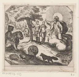 Gott verbietet Adam und Eva, vom Baum der Erkenntnis zu essen