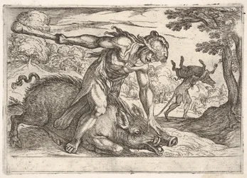 Herkules und der Erymanthische Eber: Herkules hält die Schnauze des Ebers mit seiner linken Hand nieder (1608)