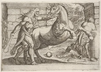 Herkules und die Pferde des Diomedes: Herkules ergreift die Zügel eines steigenden Pferdes, ein zweites..., 1608