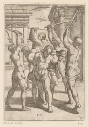 Das Schlagen von drei Heiligen, die Rücken an Rücken gebunden sind