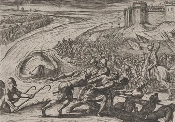 Tafel 12: Ein mit Getreide beladenes Schiff ans Ufer ziehen, aus Der Krieg der Römer gegen..., 1611