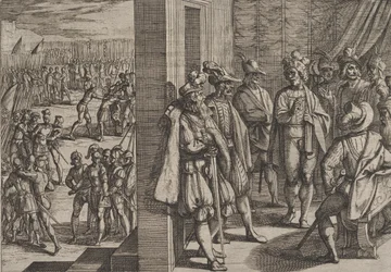 Tafel 18: Geheimes Treffen des Civilis mit anderen Anführern aus Trier, aus Der Krieg der Römer gegen die Bataver, 1611.