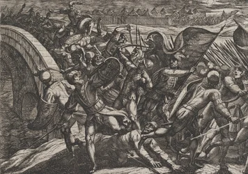 Tafel 27: Die Niederländer während eines Überraschungsangriffs auf das römische Lager an der Mosel, aus The Wa..., 1611