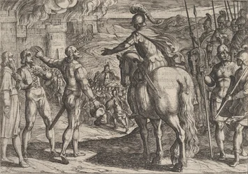 Tafel 34: Die Römer brennen das niederländische Land nieder, aus Der Krieg der Römer gegen die..., 1611