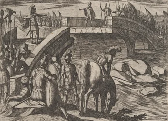 Tafel 36: Civilis und Cerialis treffen sich auf einer zerstörten Brücke, um eine Einigung zu erzielen, aus Der Krieg der..., 1611