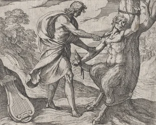 Tafel 58: Apollo tötet Marsyas Marsyas victus ab Apolline excoriatur, aus Ovids 