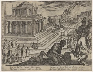 Platte 5: Grabmal des Mausolos, Steinmetze fertigen rechts eine Säule an, aus Die sieben Wunder..., 1608
