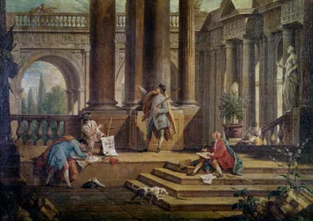 Restaurierungsarbeiten an einer Villa. Architekten bei der Arbeit (Detail)