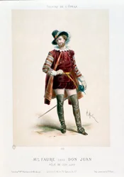 Sänger Jean-Baptiste (Jean Baptiste) Faure (1830-1914) als Don Giovanni in der gleichnamigen Oper von Wolfgang Amadeus Mozart während einer Aufführung im Operntheater in Paris