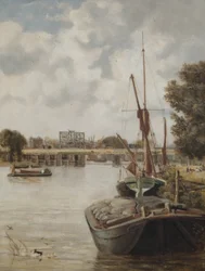 Der gegenwärtige Hammersmith-Brücke im Bau mit der temporären Brücke, 1886