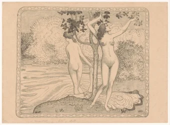 Zwei badende Frauen unter einem Baum am Wasser