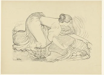 Wäscherin kniet am Ufer