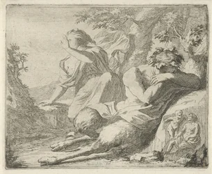 Satyr und Frauenfigur bedecken die Augen vor Sonnenlicht