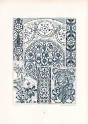 Blaue und weiße Wildrosen-Motive und ornamentale Strukturen (Lithografie)