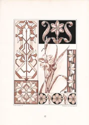 Narzissenmotive und geometrische Ornamente in Rosatönen