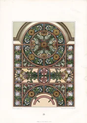 Ornamentaler Fensterbogen mit Sonnenblumen und Tulpen