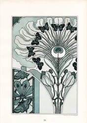 Pfauenfeder-Ornament mit Schmetterlingen und Tulpen