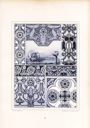 Mohnmotive und geometrische Ornamente in Blautönen