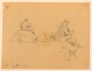 Zwei Skizzen eines sitzenden Mannes auf Felsen in San Remo