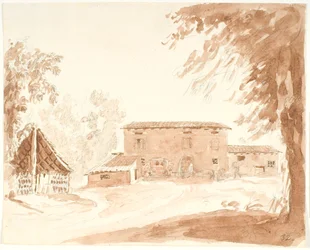 Hofgebäude in einer Landschaft mit Wagen, Tieren und Menschen