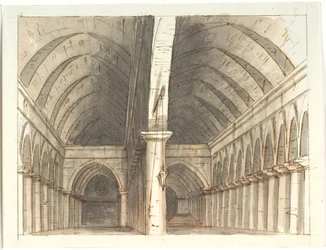 Innenraum des Erdgeschosses einer Kirche (?) mit Säulen und Gewölben