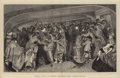 Zwischen Decks in einem Auswandererschiff, Fütterungszeit, eine Skizze aus dem Leben