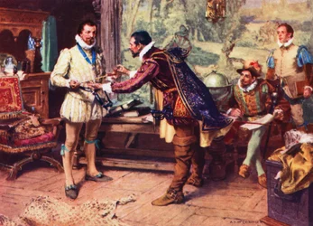 Ralph Lane, erster Gouverneur von Virginia, überreicht Sir Walter Raleigh 1586 eine Indianerpfeife