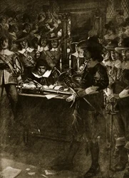 Strafford übergibt sein Schwert im Unterhaus, Illustration aus Hutchinsons „Story of the British Nation“, um 1920